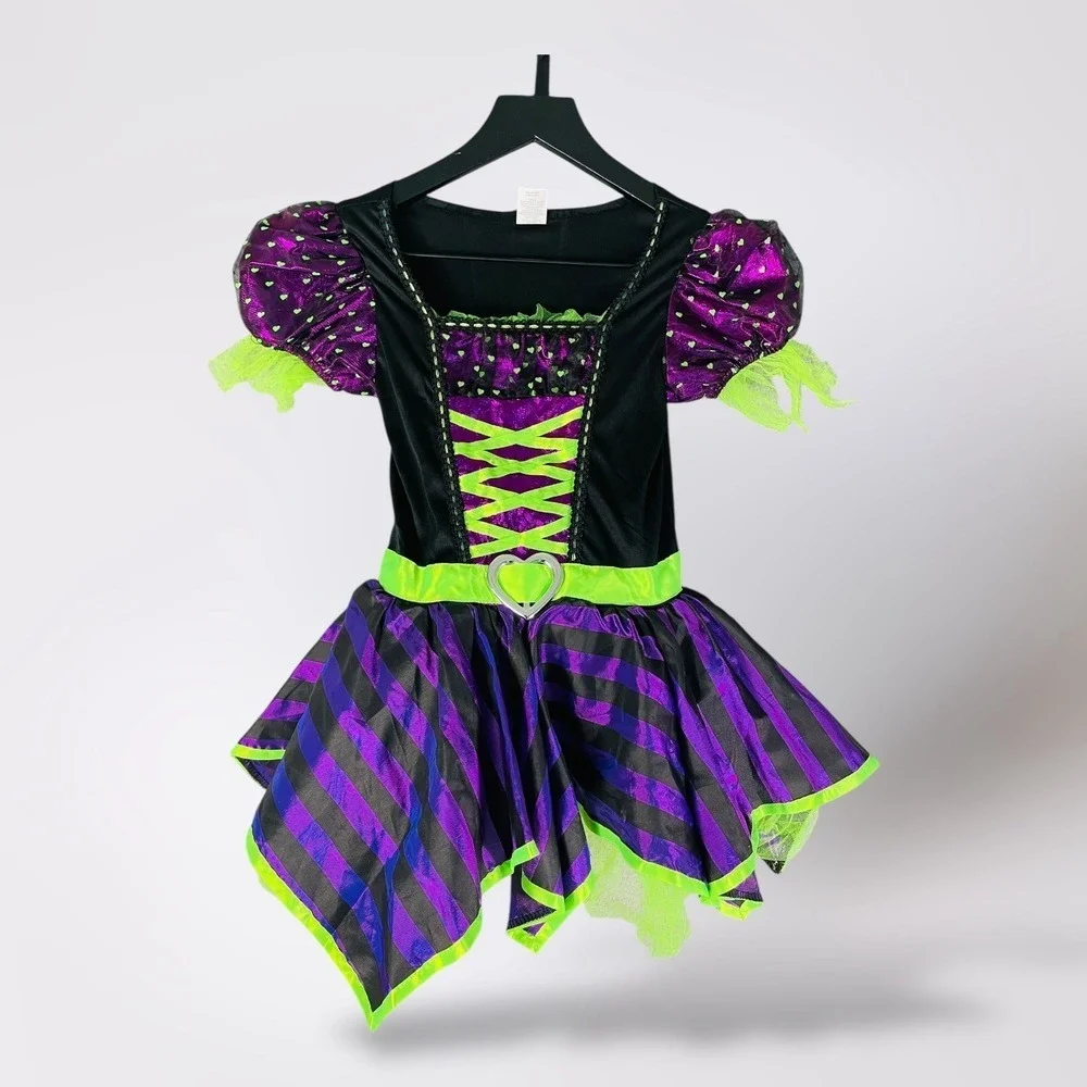 Witch Costume Halloween‎ Dress Girls Size S (6/6X) Purple Black Green Heart Belt